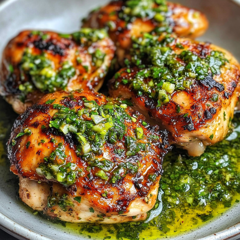 Des côtelettes de poulet grillées avec une sauce chimichurri.