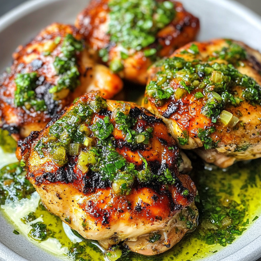 Des cuisses de poulet grillé avec une sauce chimichurri.