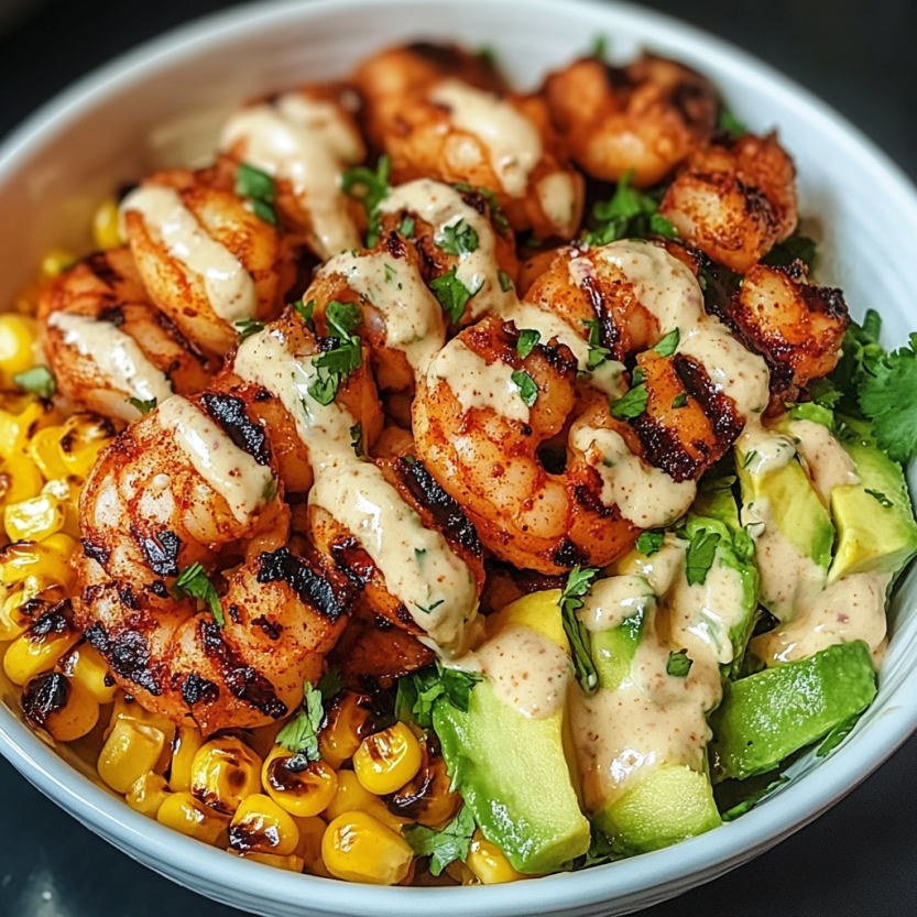 Un plat de crevettes grillées avec des avocats, des cornichons et une sauce crémeuse.