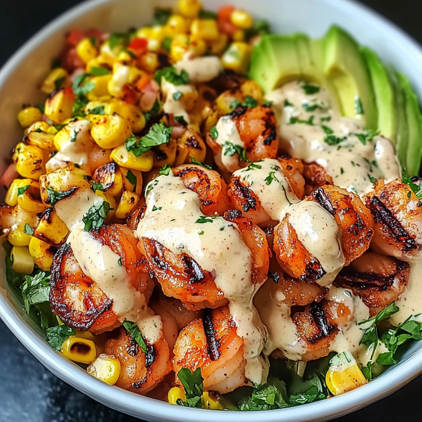 Une assiette de crevettes grillées avec une salsa de maïs, des avocats et une sauce crémeuse.