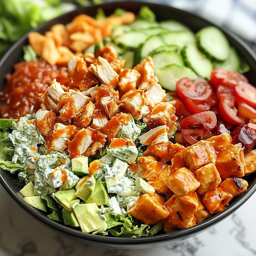 Une salade de poulet buffalo avec des légumes.