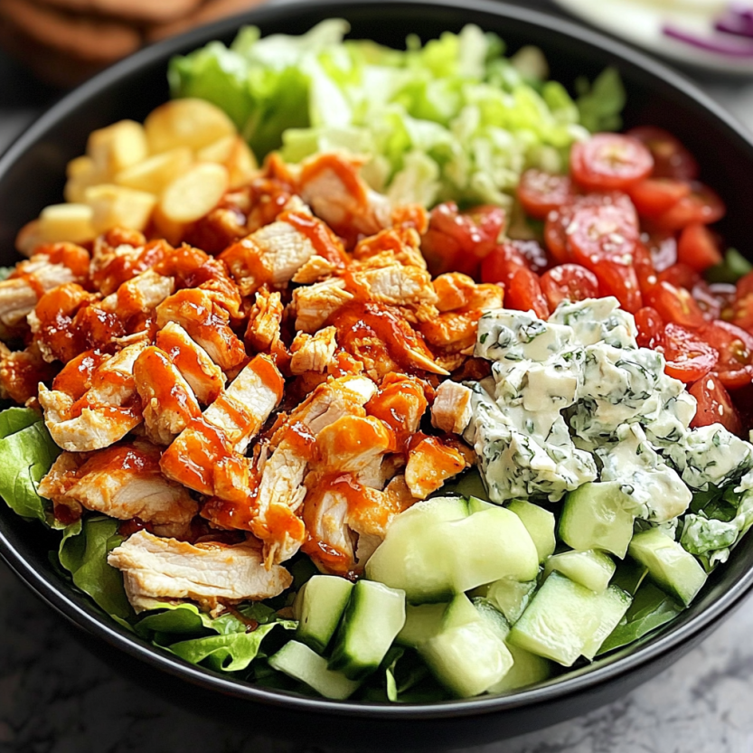 Une salade de poulet buffalo avec des légumes.