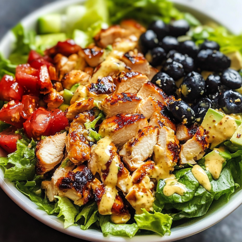 Une salade de poulet grillé avec des légumes verts et des baies.