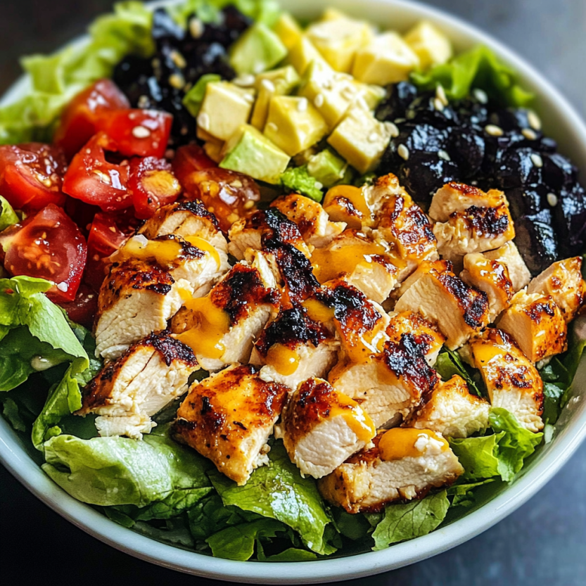 Une salade de poulet grillé avec des légumes et une sauce au miel et au mustard.