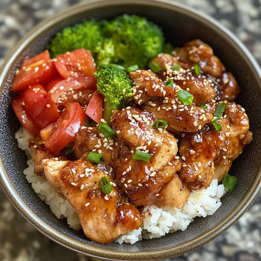Une assiette de poulet a la sauce soja et ail, avec des légumes verts et des grains de riz.