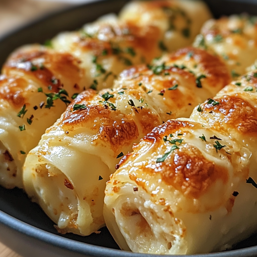 Des rollups de pâte farcis de fromage et de pâte brisée, cuits dans une sauce à la viande et au fromage.