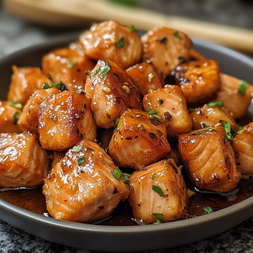 Une assiette de salmon grillé avec une sauce chaude.