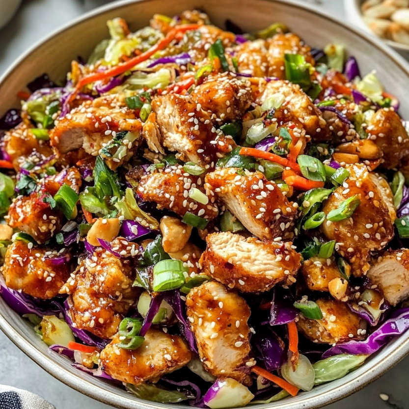 Une salade de chicken avec des légumes crus et des noix de sesame.