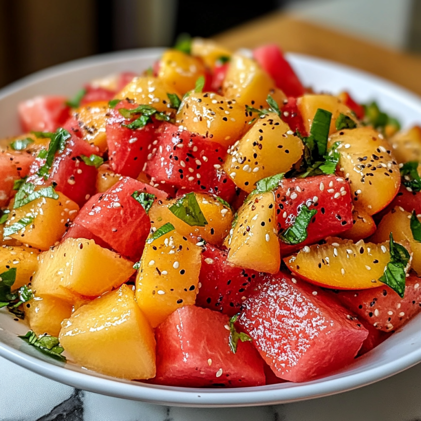 Une salade de melon et de poire avec des herbes et des grains de cumin.