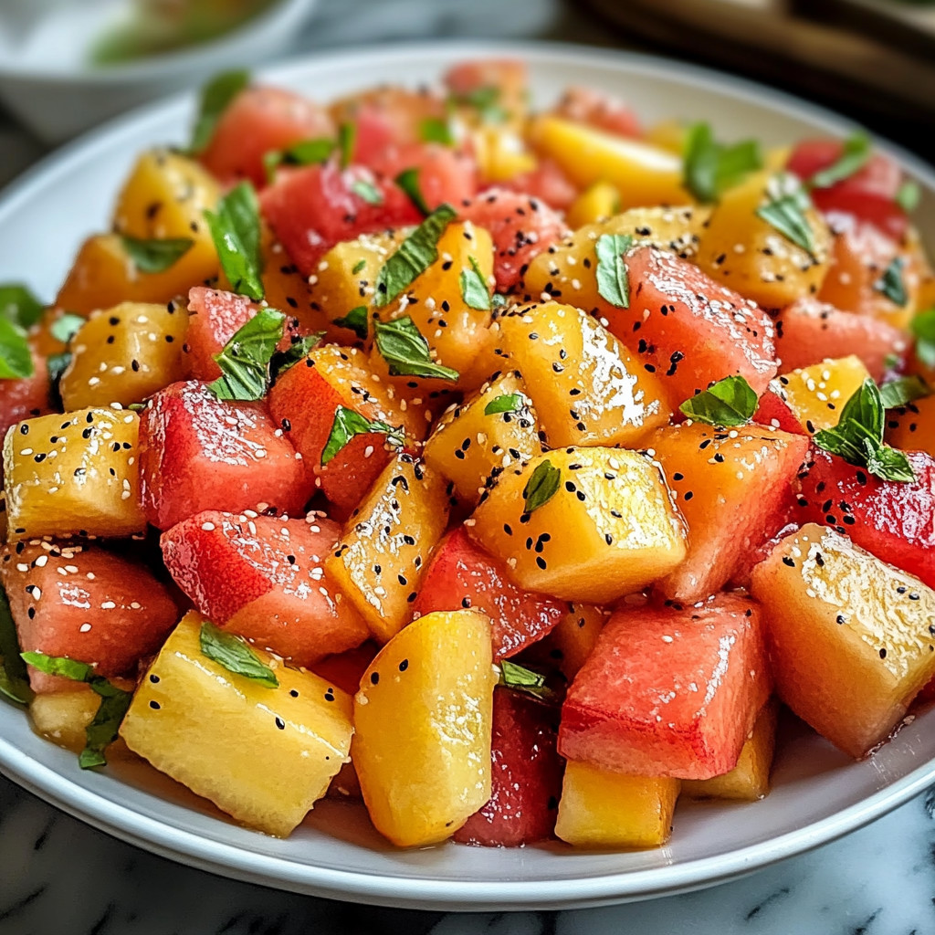 Une salade de fruits composée de pêches, de melons et de menthe.