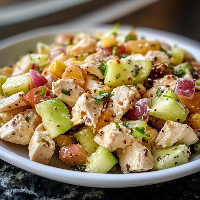 Une salade de poulet Waldorf sur un plateau.