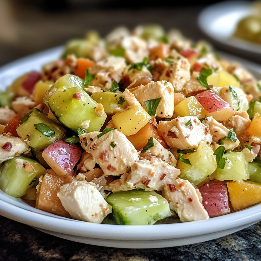 Une salade de poulet Waldorf sur un plateau.