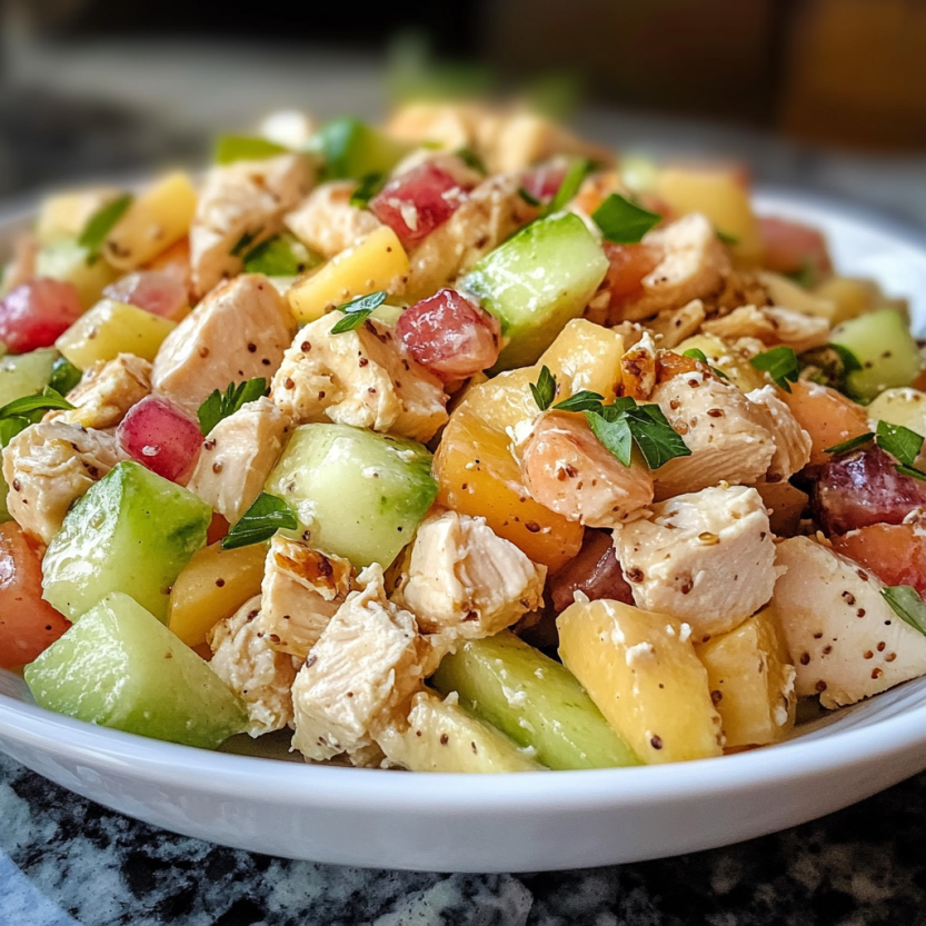 Une salade de poulet Waldorf est servie dans un bol.