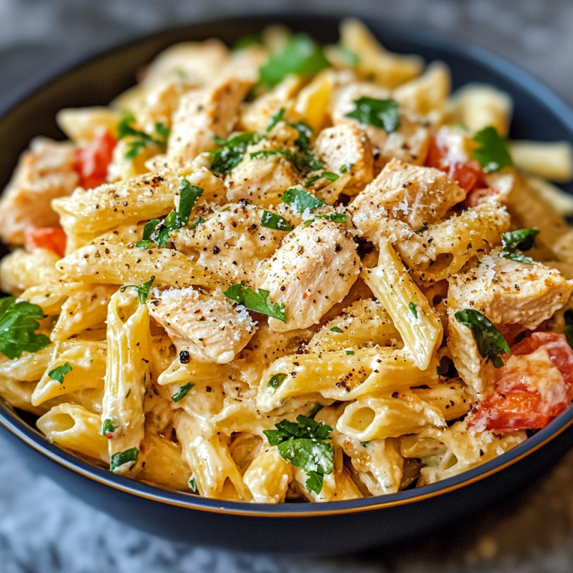Une salade de pâtes avec des légumes et des morceaux de poulet.