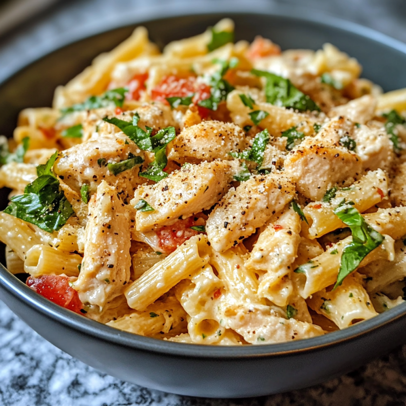 Une salade de pâtes avec des légumes et des morceaux de poulet.