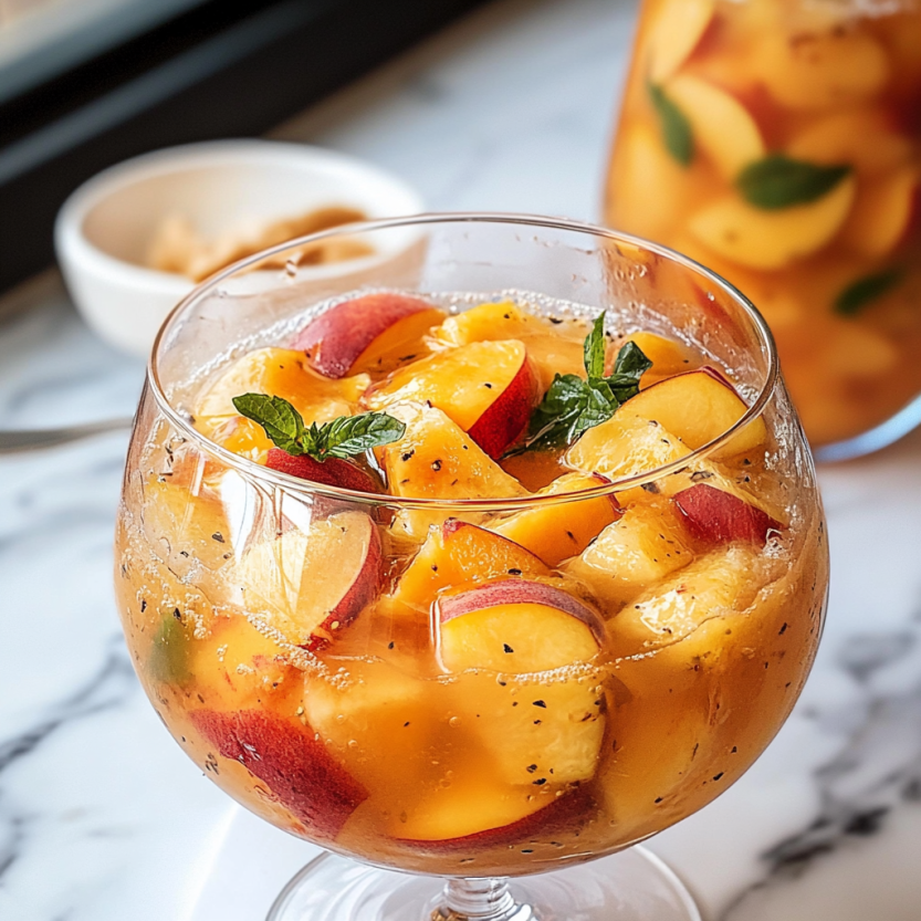 Un verre rempli de sangria de poire blanche.