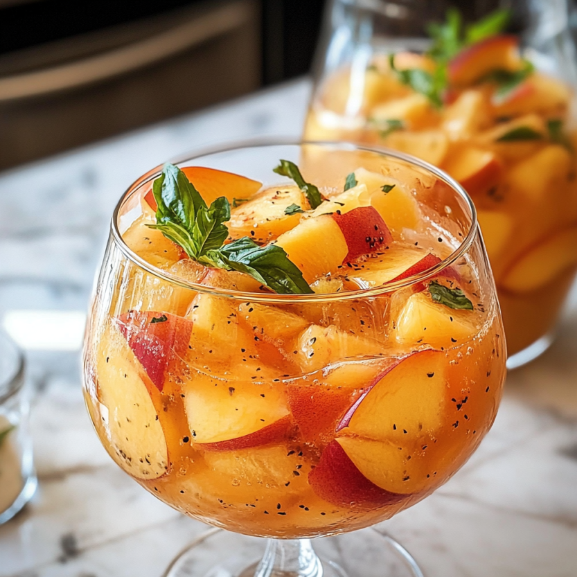 Un verre de sangria de poire blanche sur un bar.