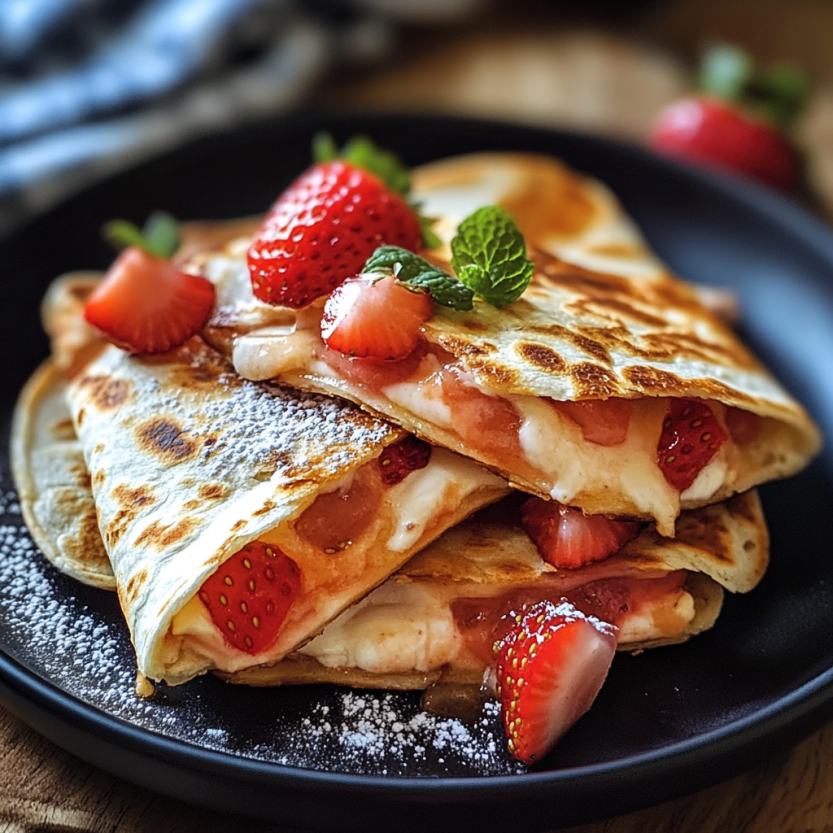 Quesadillas de strawberry cheesecake avec des strawberries et du mélange de menthe.