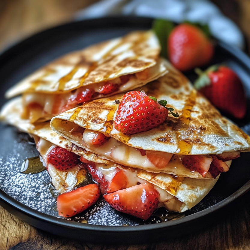 Quesadillas de strawberry cheesecake sur un plateau.