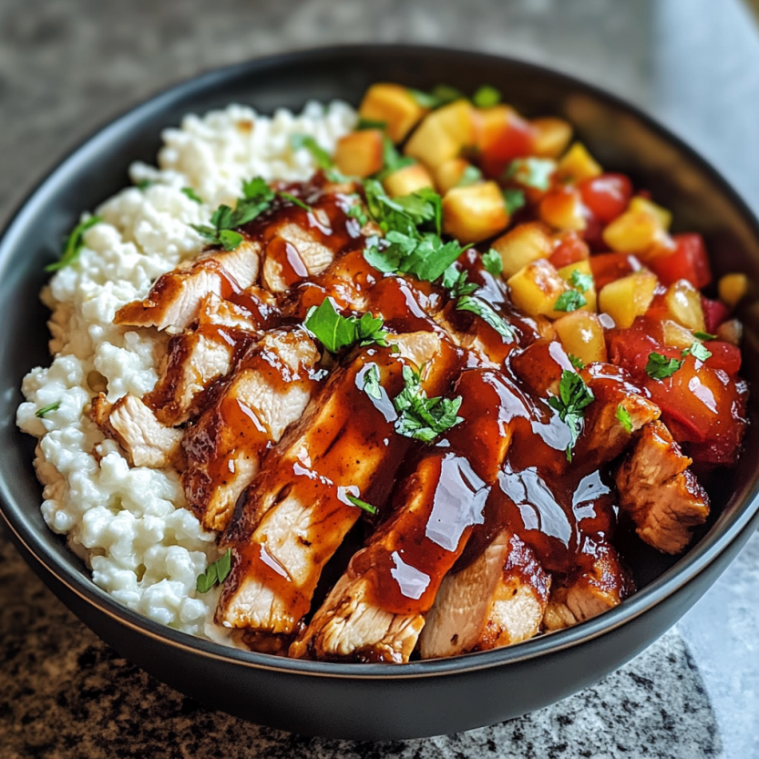 Un bol de nourriture contenant du poulet BBQ, des légumes et du cottage cheese.