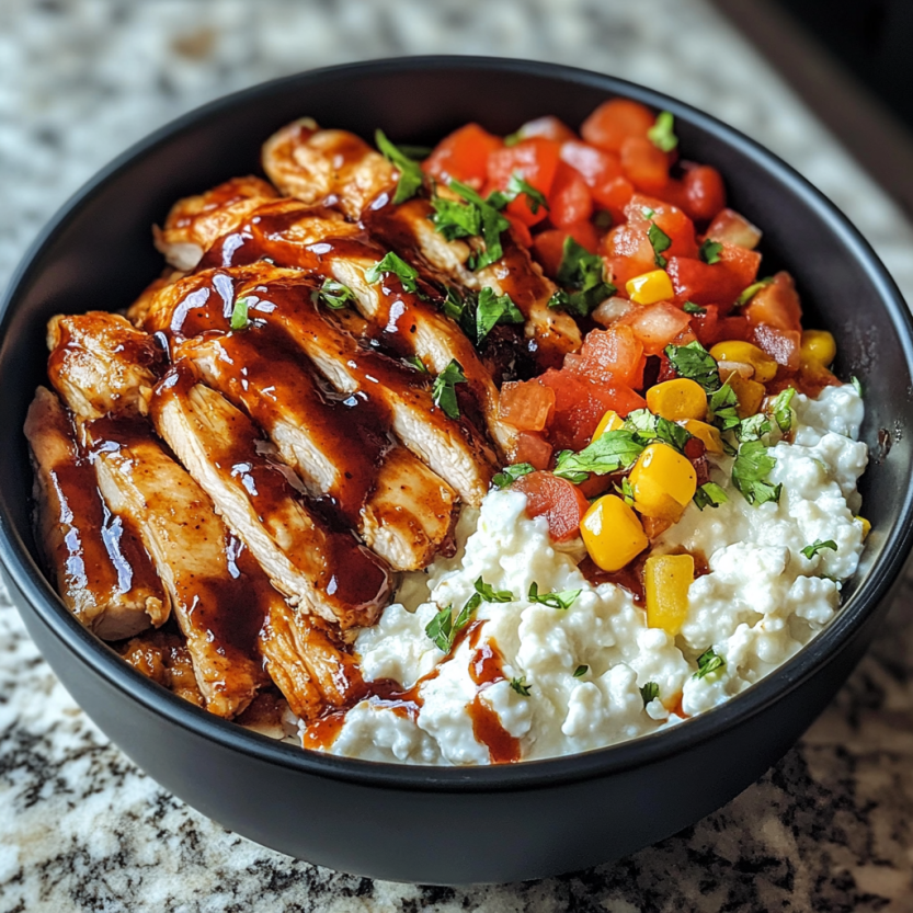 Un bol de nourriture contenant du poulet BBQ, du fromage cottage et des tomates.