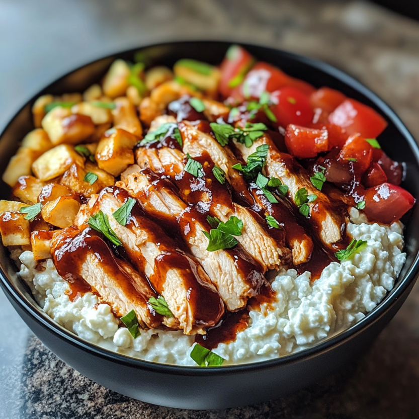 Un bol de nourriture contenant du poulet grillé, des légumes verts et des légumes rouges.
