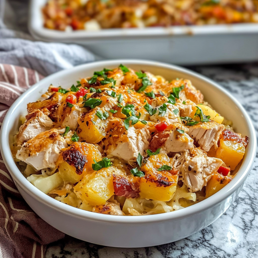 Une casserole de poulet et de pommes de terre servie dans un bol.