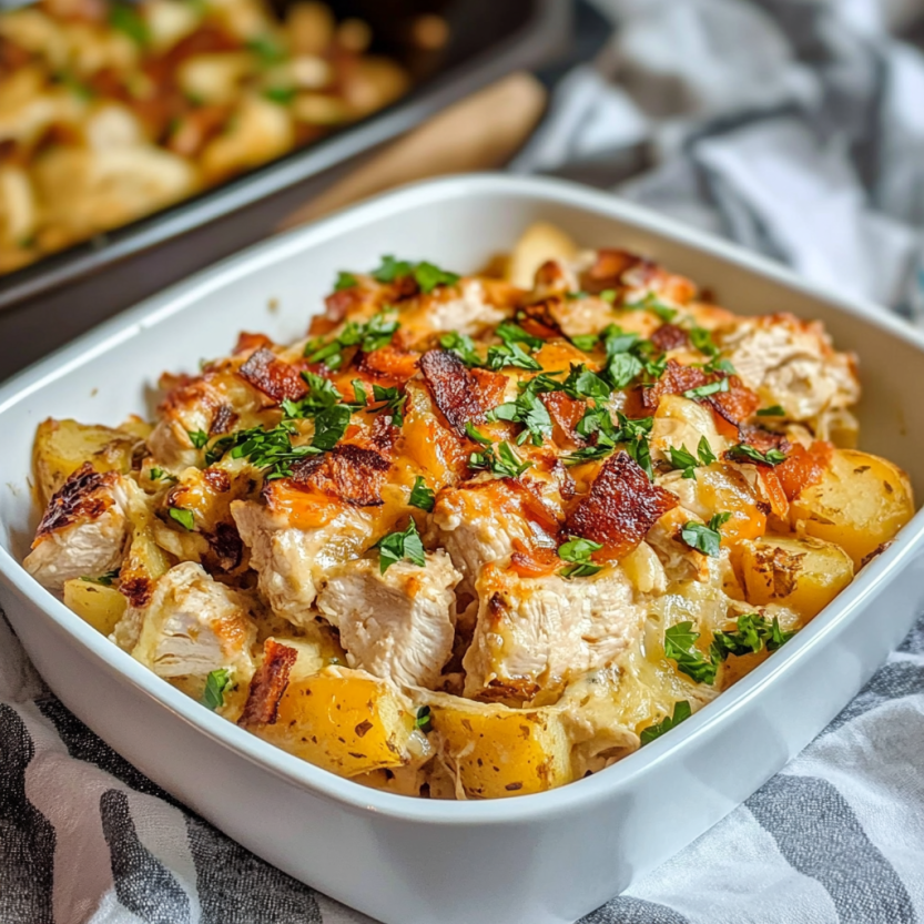 Un plat de casserole de poulet et pommes de terre, garnie de bacon et de herbes.