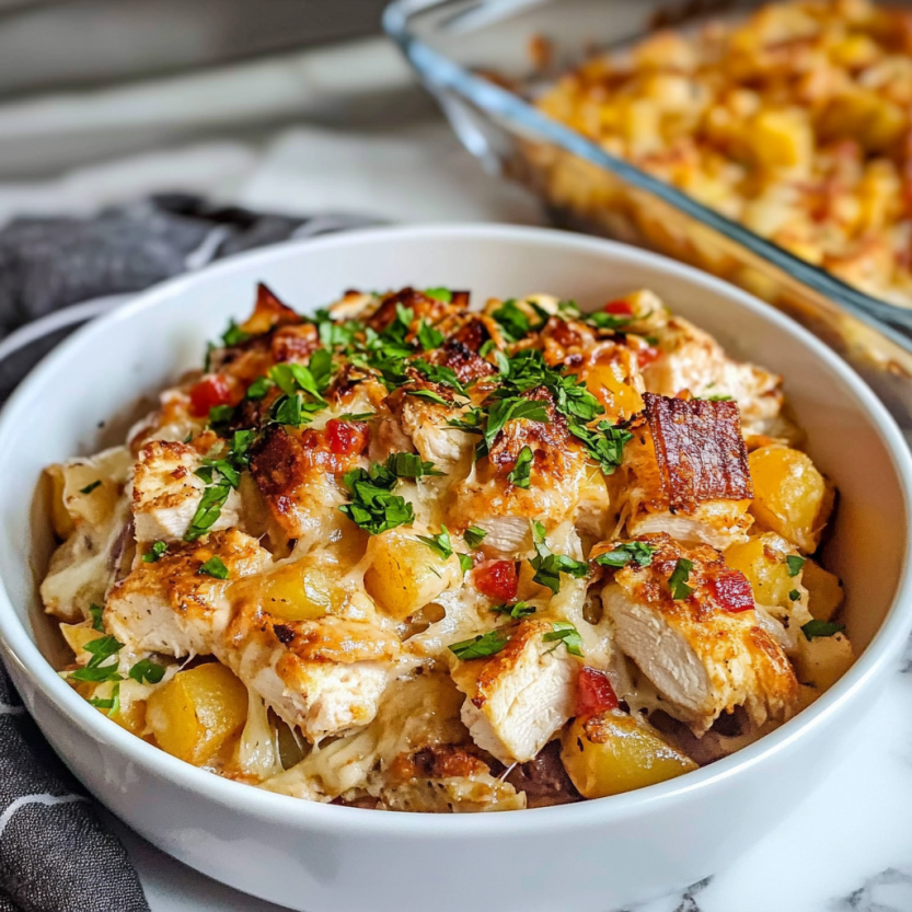 Une casserole de poulet, pommes de terre et bacon, servie dans un bol.