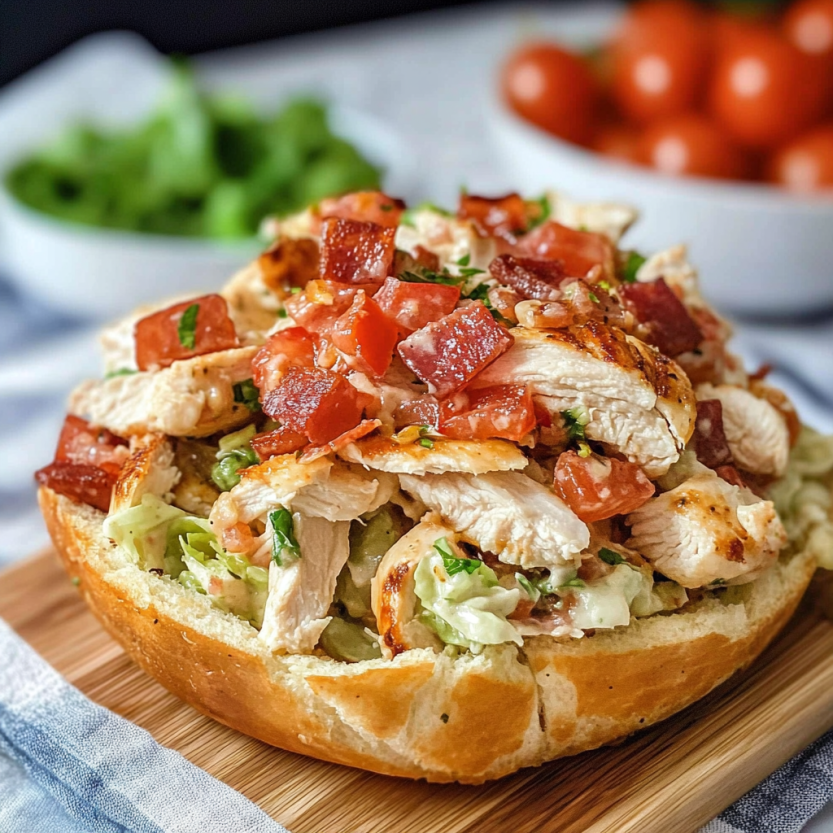 Une salade de poulet BLT sur un plat.