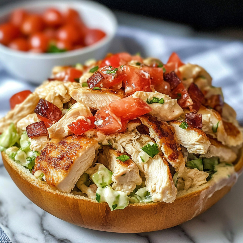 Une salade de poulet BLT sur un pain grillé.