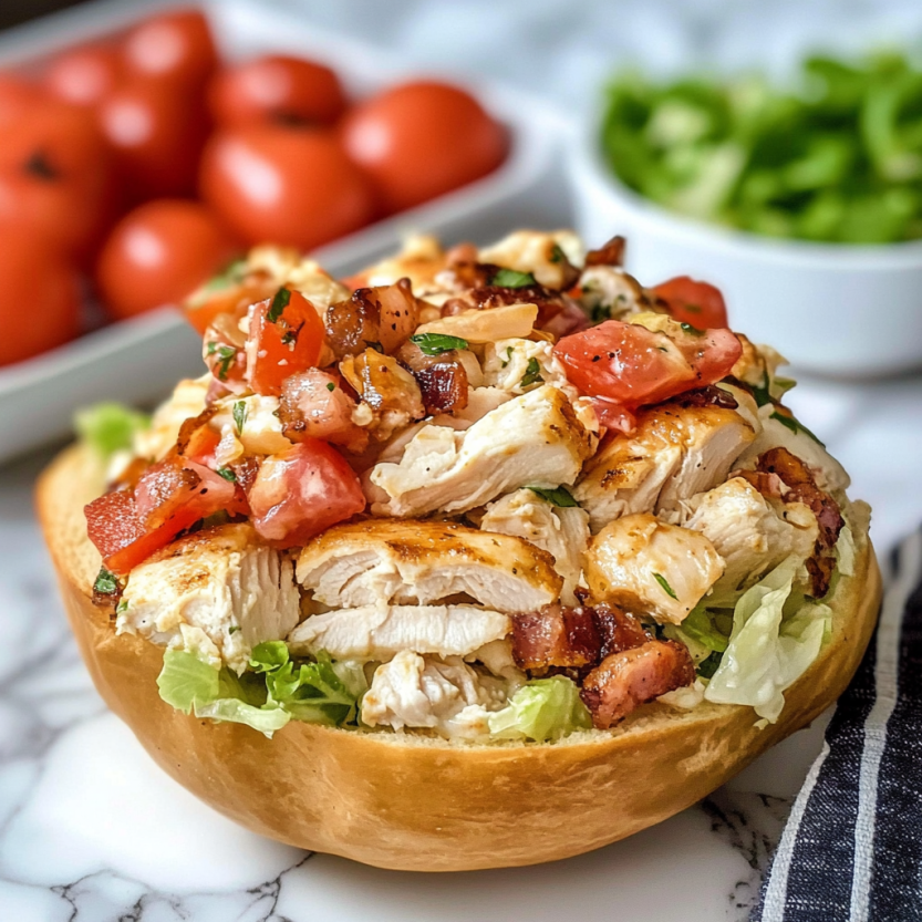 Une salade de poulet BLT sur un pain grillé.