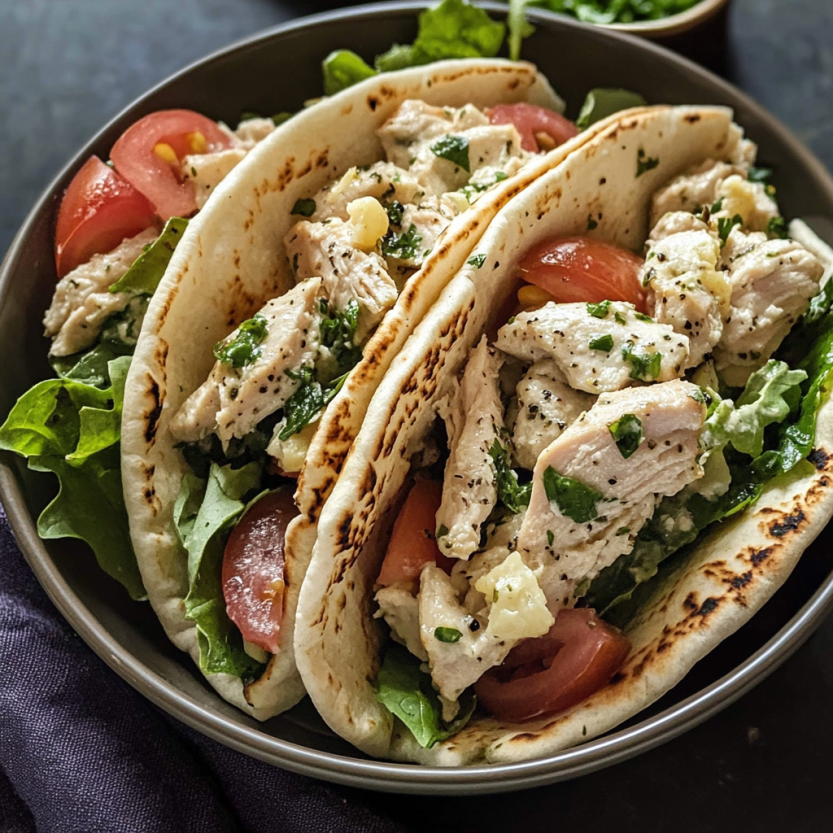 Une assiette de pita contenant des légumes et du poulet grillé.