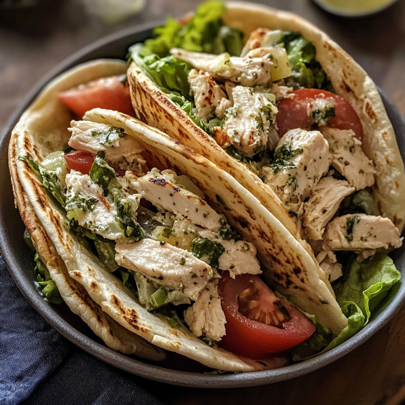 Une assiette de pita garnie de légumes et de viande de poulet grillé.