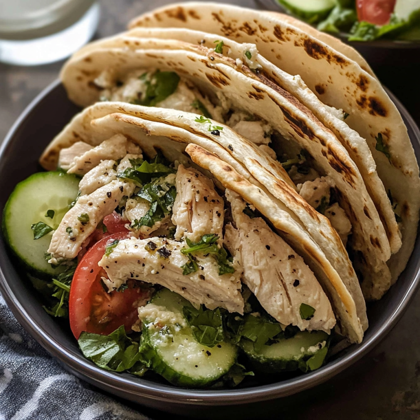 Une assiette de pita garnie de légumes verts et de viande de poulet grillé.