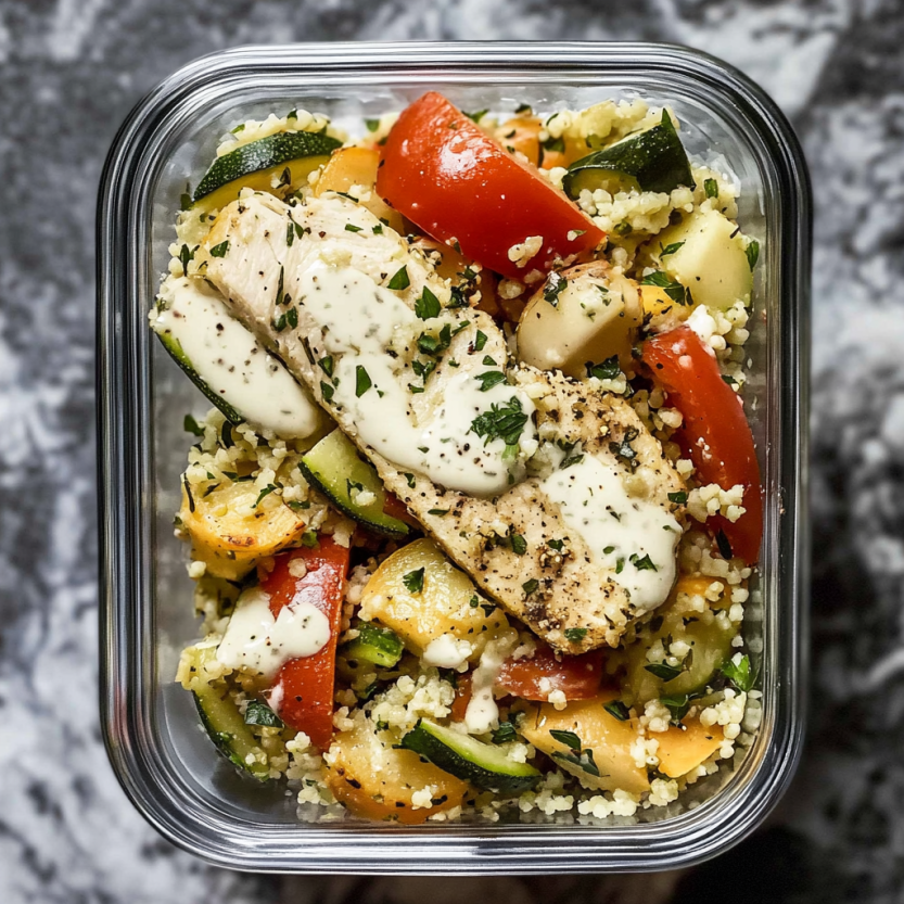 Un plat de couscous avec des légumes grillés et des légumes verts.