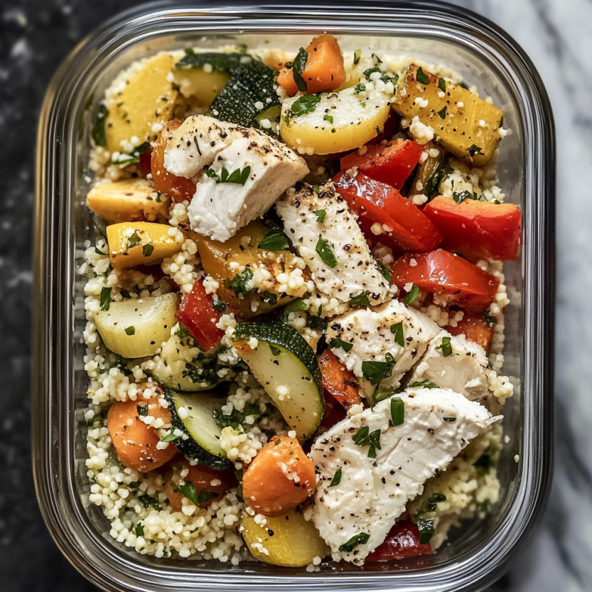 Un plat de couscous avec des légumes et du poulet.