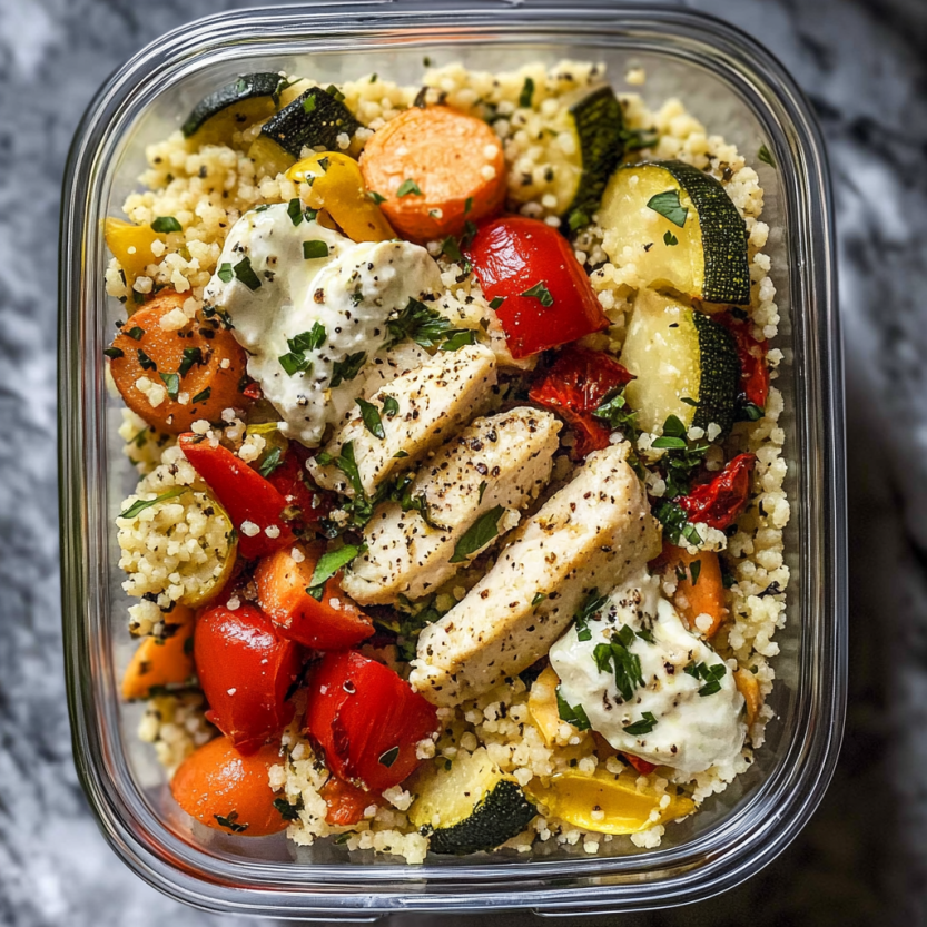 Une assiette de couscous avec des légumes grillés et des légumes verts.