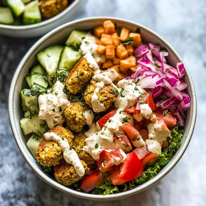 Un plat de salade avec des légumes et des fruits, y compris des tomates, des carottes, des cucumbers, des onions et des falafels.