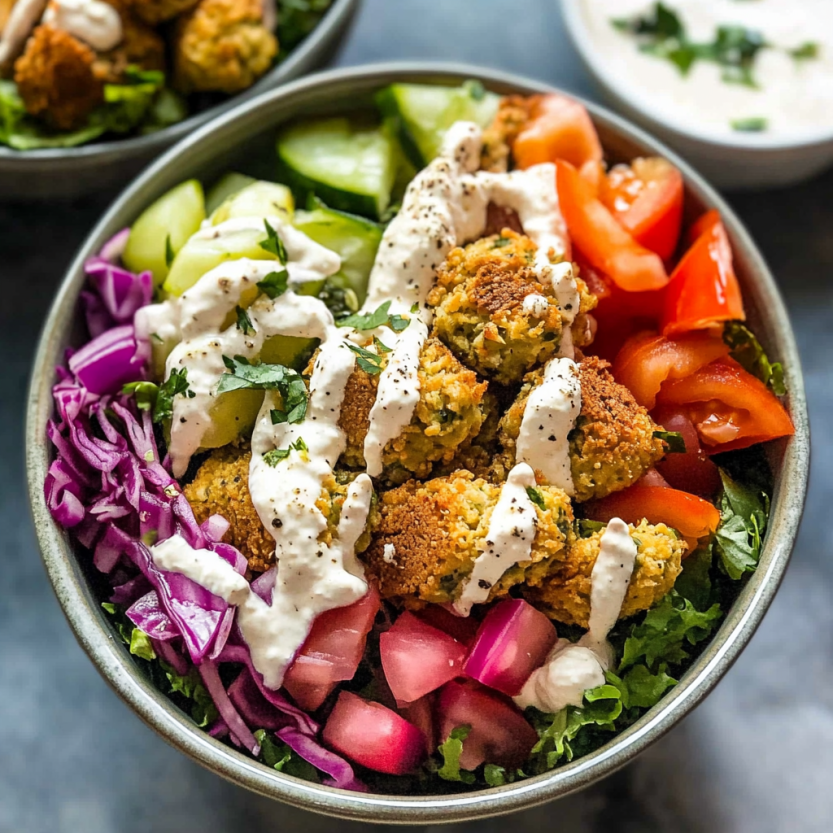 Une salade de chicken falafel dans un bol.