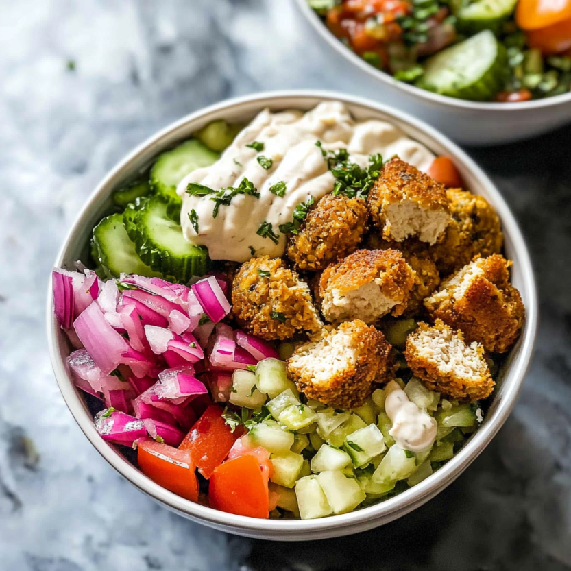 Des chicken falafel bowls avec des légumes et des sauces.