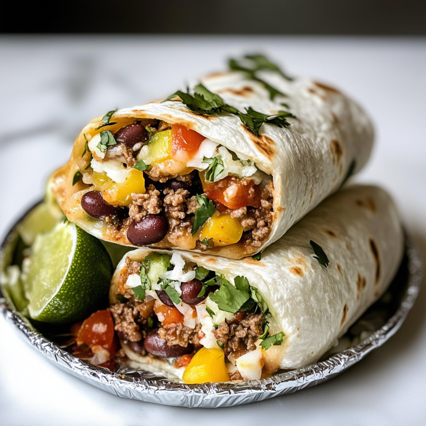 Des burritos de viande et de haricots verts sur un plateau.