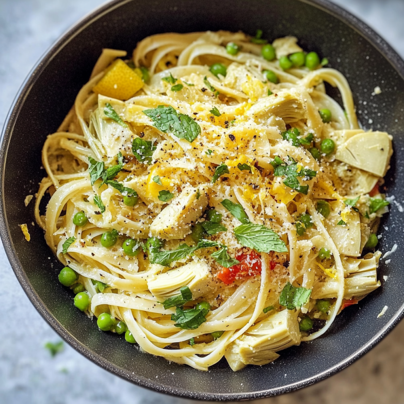 Une assiette de spaghetti avec des pois, des artichauts, du citron et de la menthe.