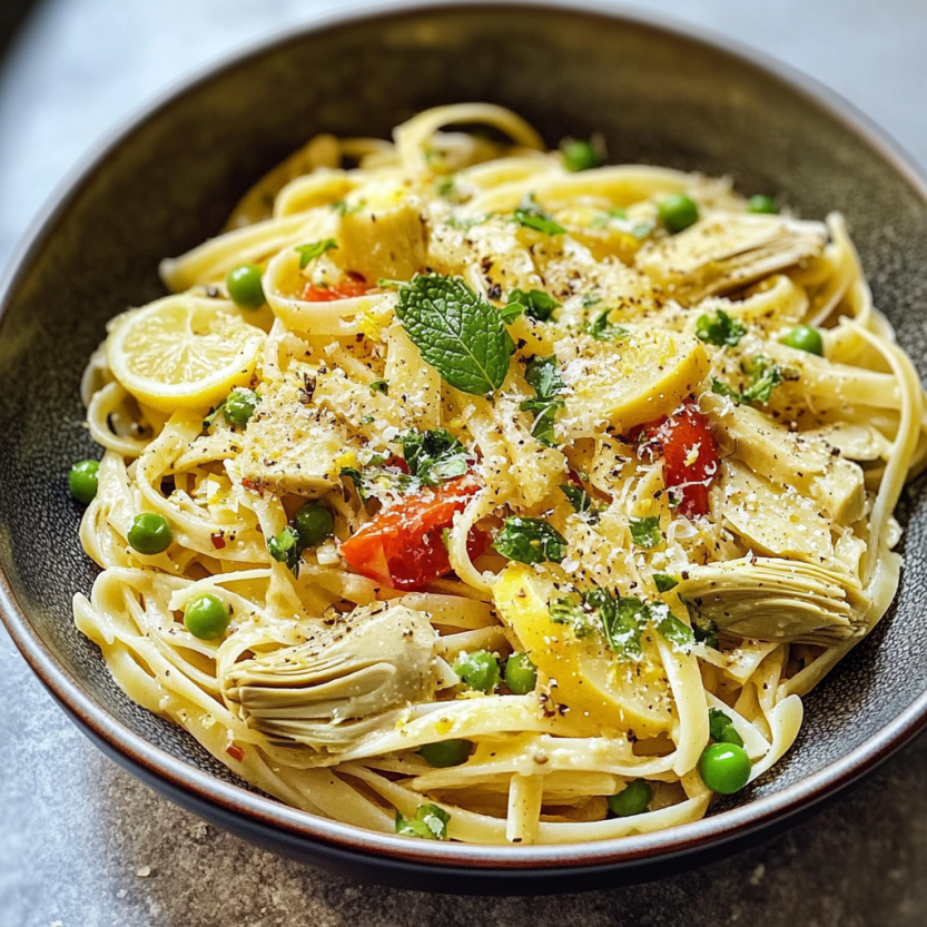 Une assiette de spaghetti avec des légumes tels que des pois, des artichauts et des herbes.