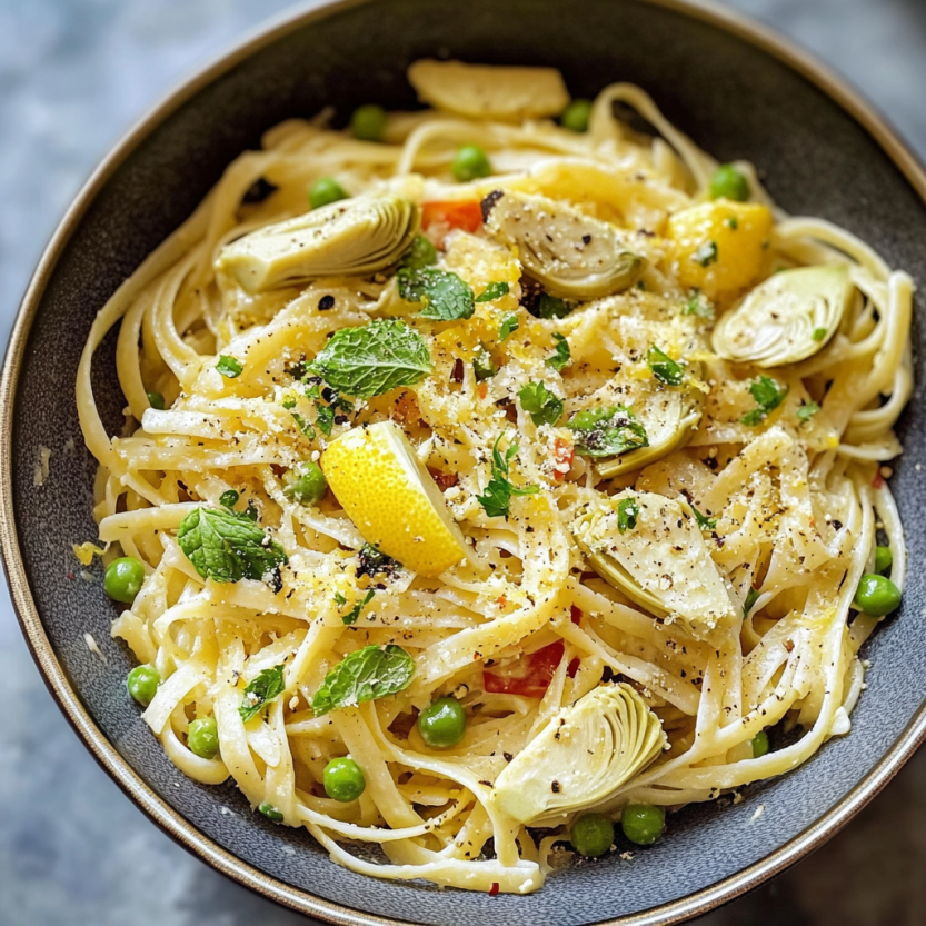 Une assiette de spaghetti avec des légumes verts, des artichauts, des pommes de terre et des herbes.
