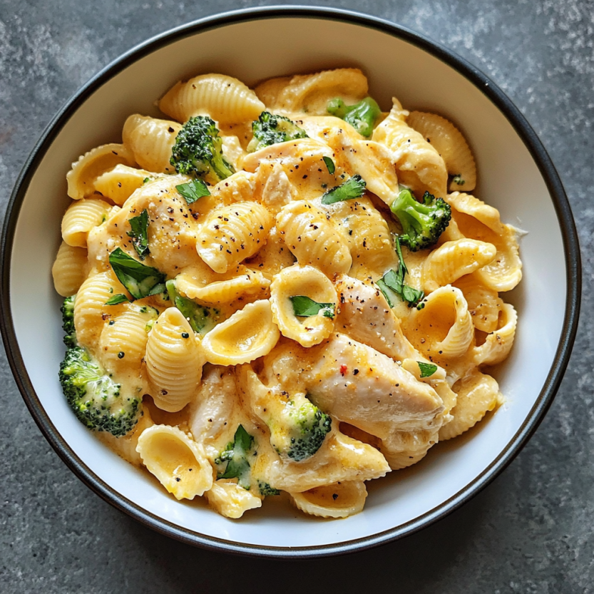 Une assiette de macaroni au chicken et aux broccolis.