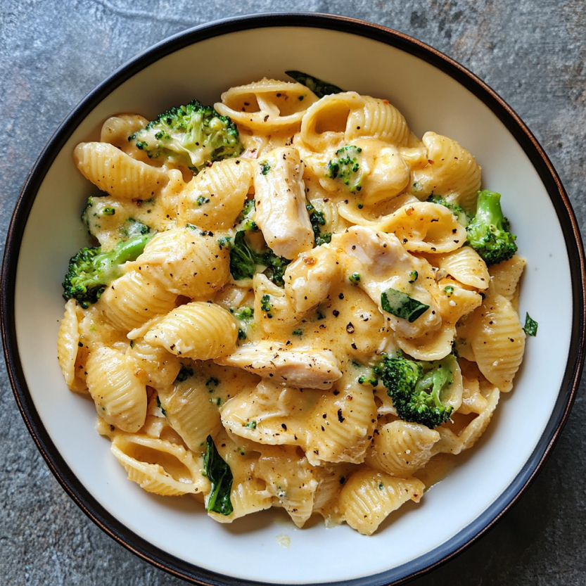 Une assiette de macaroni et de brocoli.