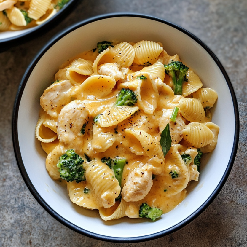 Une assiette de macaroni au chicken et à la broccoli.