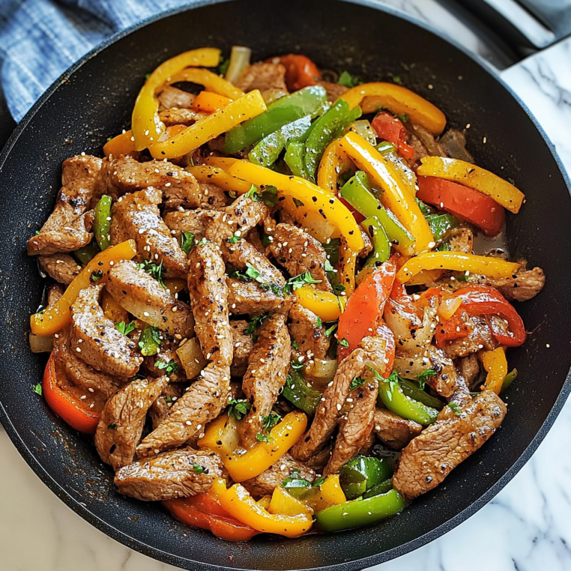 Une poêle contenant une recette de steak aux poivrons et ail.