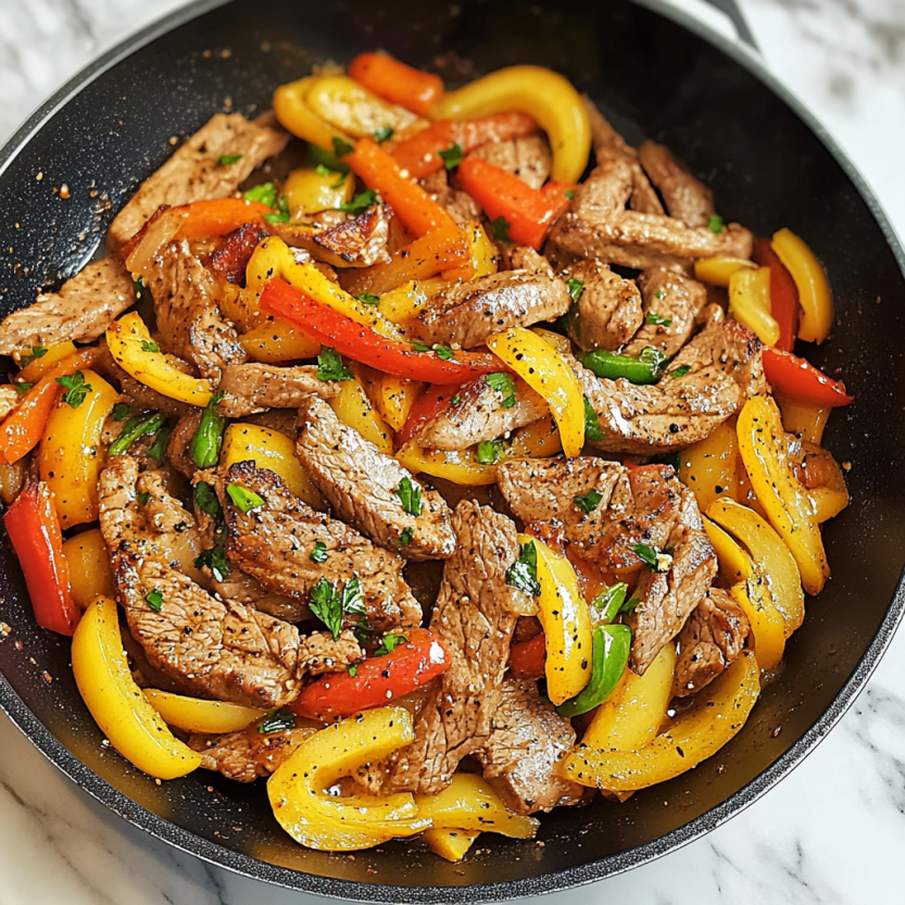 Une poêle contenant des steaks de viande avec des pommes de terre et des poivrons.